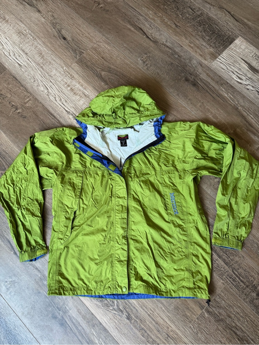 Marmot Lime Green and Blue-Trim Hooded Shell Jacket